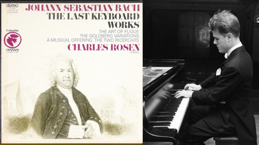 Album cover of Johann Sebastian Bach’s 'The Last Keyboard Works' beside a black-and-white photo of a pianist in a tuxedo playing a grand piano.