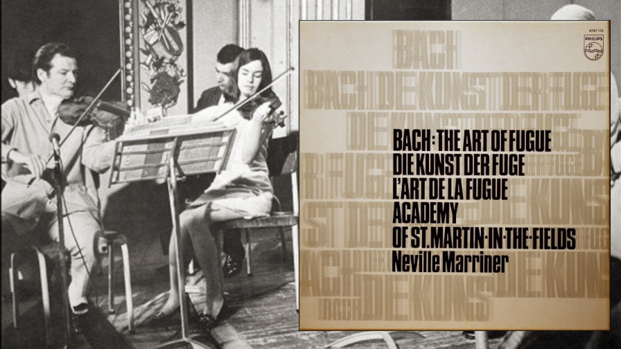 Black-and-white photo of two violinists performing on stage, with a beige poster overlaid listing Bach: The Art of Fugue and related titles.